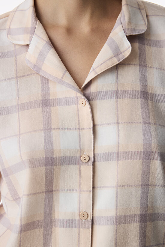 Açık Pembe Lena Checked Ekoseli Uzun Kollu Gömlek Pantolon Pijama Takımı - 3
