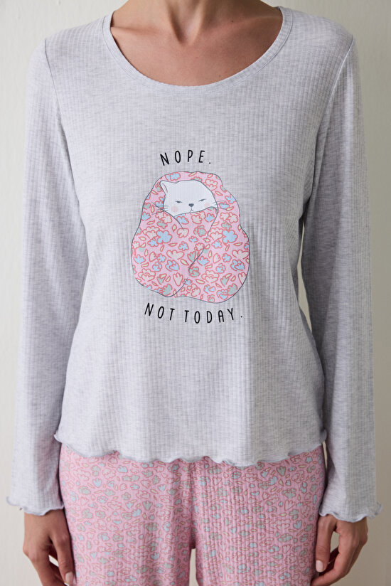 Light Gray Melange Not Today Printed U-Neck Long Sleeve Pajama Top - 3