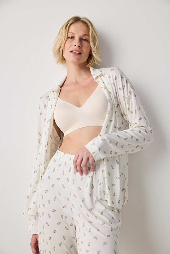 Penti Aging Collegen Floral Kırık Beyaz Gömlek Pantolon Pijama Takımı - 3
