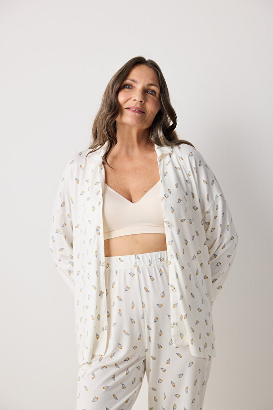 Penti Aging Collegen Floral Kırık Beyaz Gömlek Pantolon Pijama Takımı - 5
