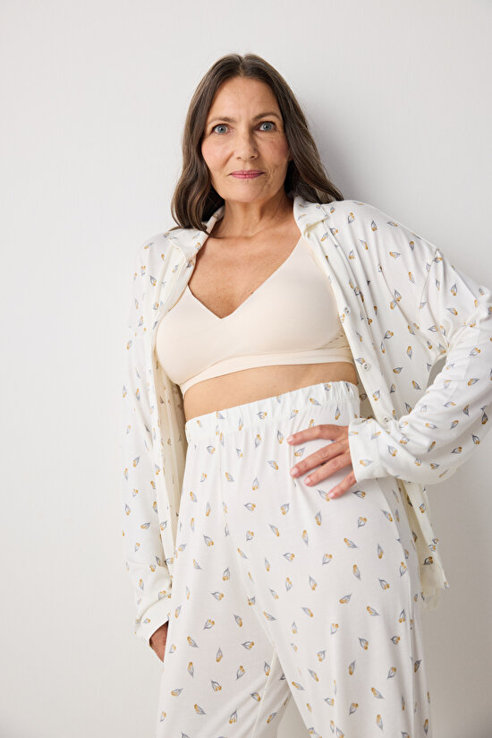 Penti Aging Collegen Floral Kırık Beyaz Gömlek Pantolon Pijama Takımı - 6