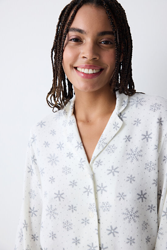 Snowflakes Ekru Gömlek Pantolon Pijama Takımı - 3