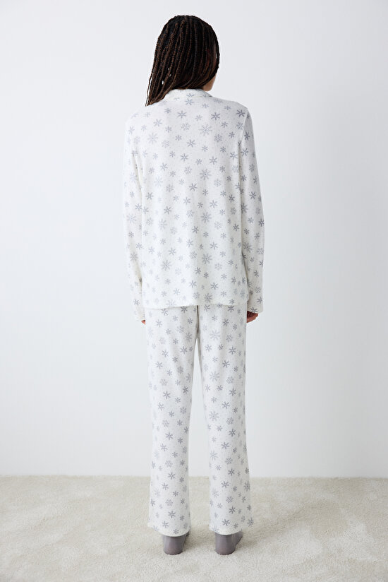 Snowflakes Ekru Gömlek Pantolon Pijama Takımı - 5