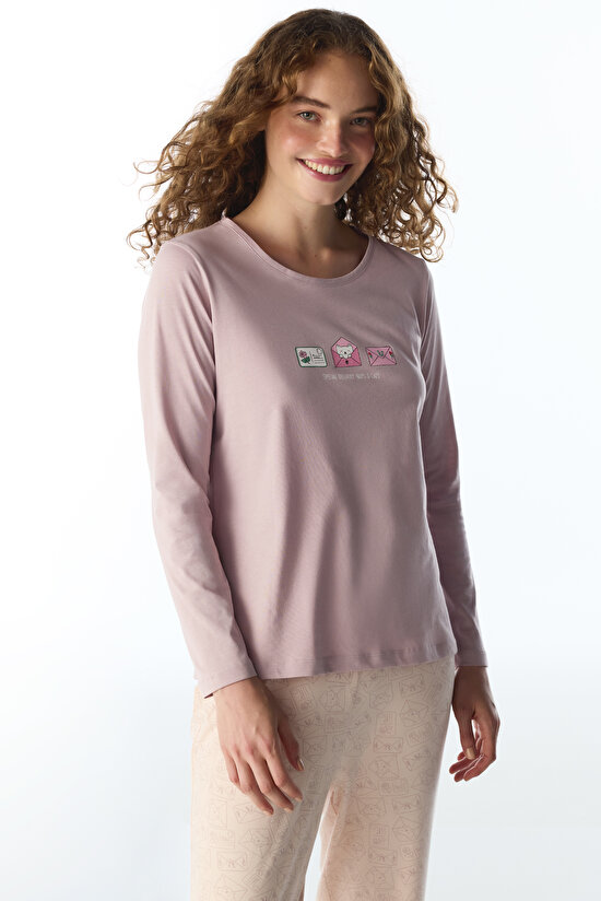 Açık Pembe Naps&cats Kedi Desenli Uzun Kollu Pantolon Pijama Takımı - 2
