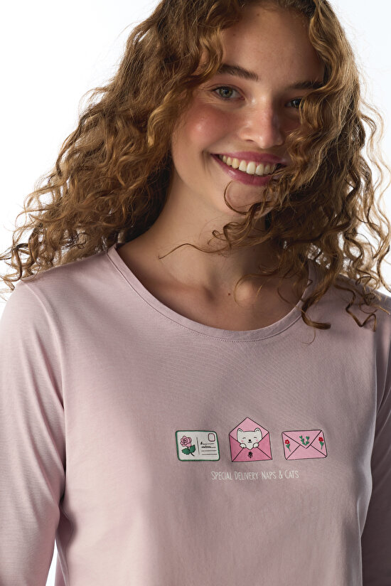 Açık Pembe Naps&cats Kedi Desenli Uzun Kollu Pantolon Pijama Takımı - 3