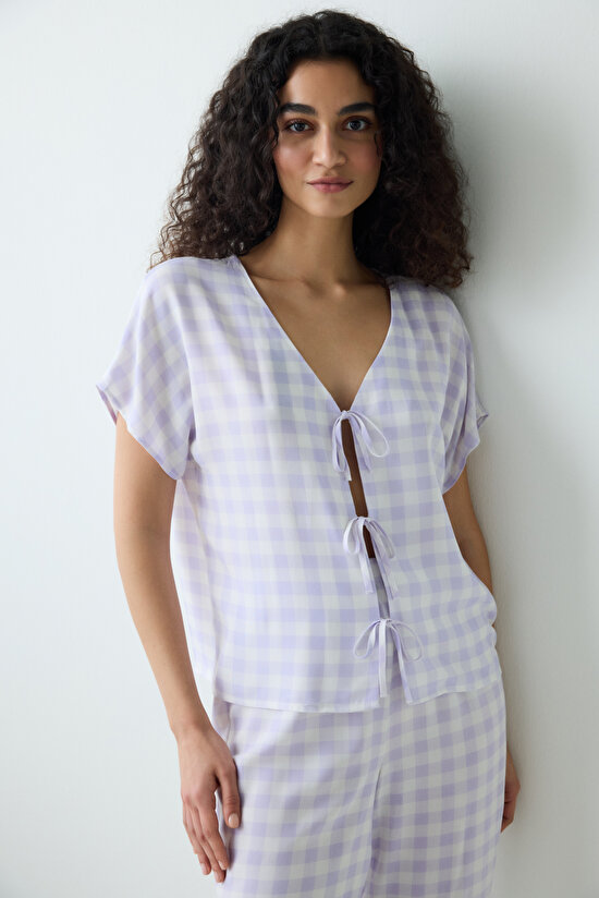 Purple Gingham Pantolon Pijama Takımı - 3