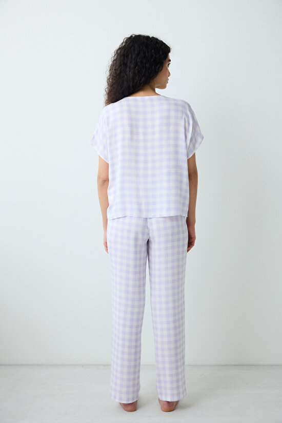Purple Gingham Pantolon Pijama Takımı - 5
