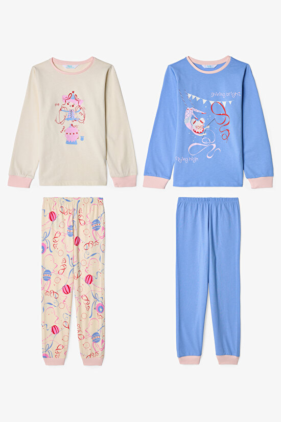Kız Çocuk Twist Kurdela Desenli Uzun Kollu 2'li Pijama Takımı - 1