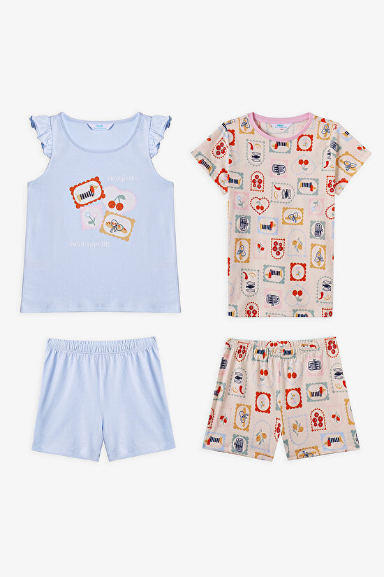 Açık Mavi Kız Çocuk French Meal Pamuklu 2'li Pijama Takımı - 4