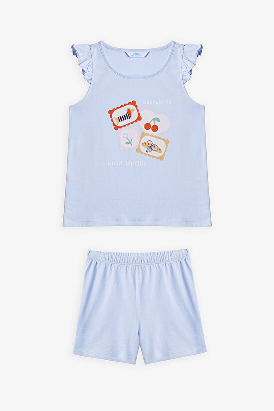 Açık Mavi Kız Çocuk French Meal Pamuklu 2'li Pijama Takımı - 5