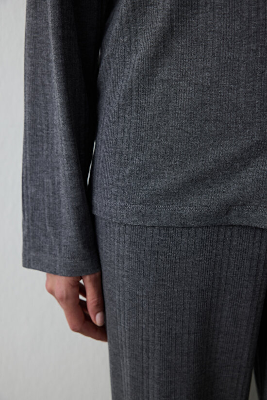 Gray Melange Ribbed Shirt Collar Long Sleeve Pajama Set Gray Melange Ribbed Shirt Collar Long Sleeve Pajama Set - 4