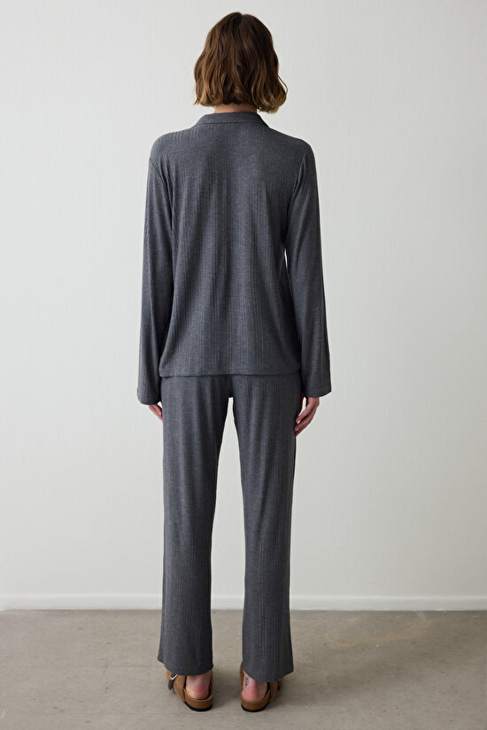 Gray Melange Ribbed Shirt Collar Long Sleeve Pajama Set Gray Melange Ribbed Shirt Collar Long Sleeve Pajama Set - 5