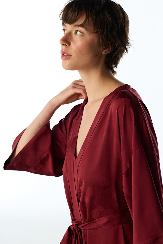 Bordo Orquidea Saten Çiçekli 3/4 Kollu Sabahlık - 3