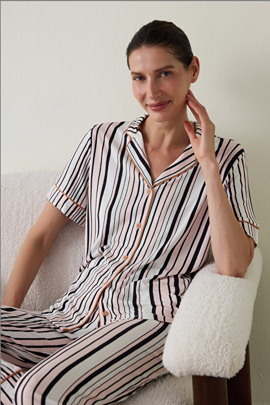 Penti Aging  Collagen Striped Shirt Collar Short Sleeve Pajama Set Penti Aging  Collagen Striped Shirt Collar Short Sleeve Pajama Set - 3