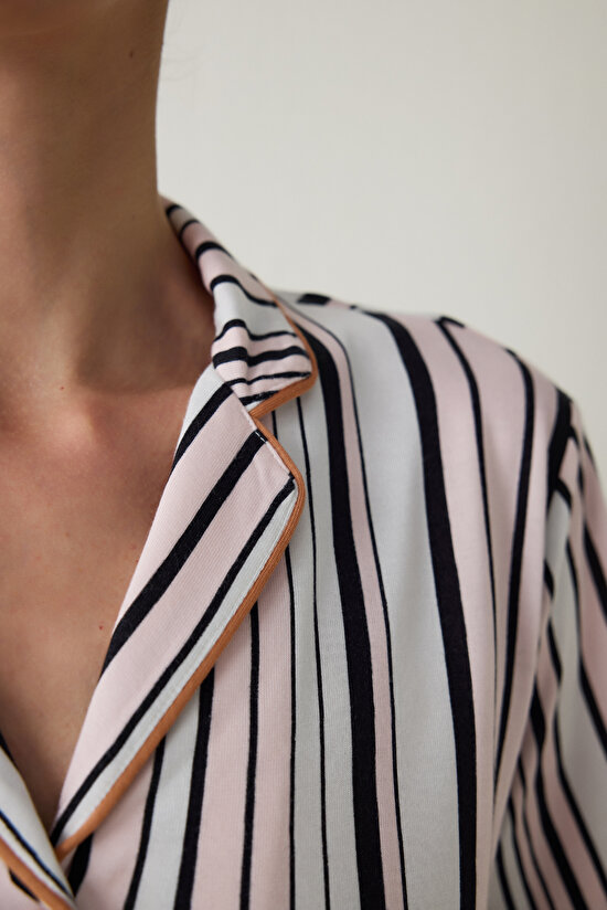 Penti Aging  Collagen Striped Shirt Collar Short Sleeve Pajama Set Penti Aging  Collagen Striped Shirt Collar Short Sleeve Pajama Set - 4
