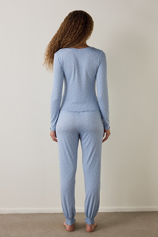 Açık Mavi Dreamy Puantiye Desenli V Yaka Uzun Kollu Pijama Takımı Açık Mavi Dreamy Puantiye Desenli V Yaka Uzun Kollu Pijama Takımı - 4