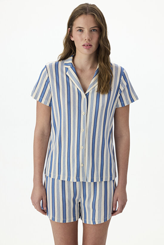 Striped Pointel Gömlek Şort Pijama Takımı - 2
