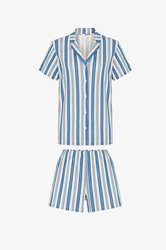Striped Pointel Gömlek Şort Pijama Takımı - 3