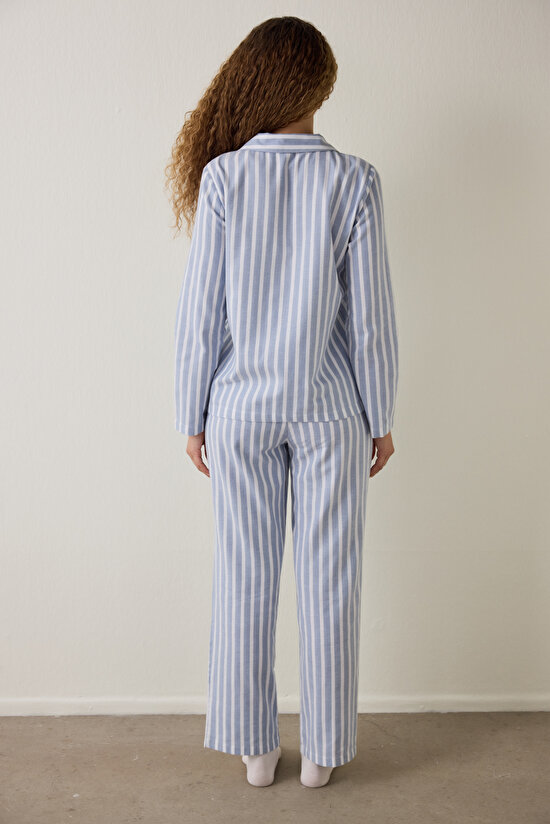 Açık Mavi Cozy Çizgili Gömlek Yaka Düğmeli Pamuklu Uzun Kollu Pijama Takımı Açık Mavi Cozy Çizgili Gömlek Yaka Düğmeli Pamuklu Uzun Kollu Pijama Takımı - 5