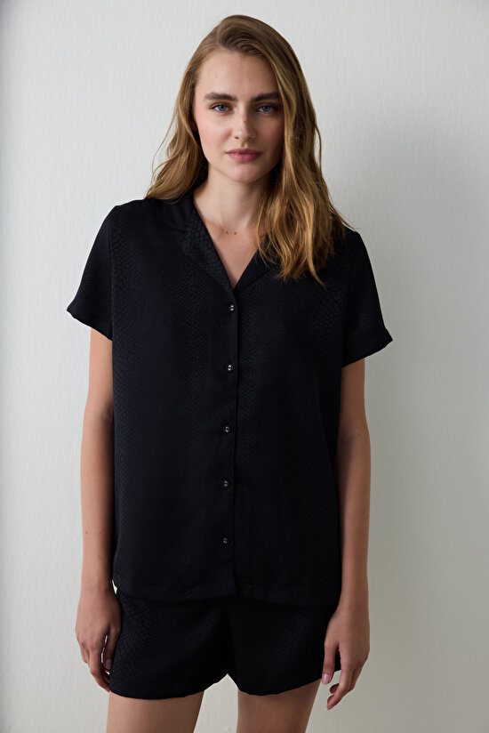 Black Fleur Satin Shirt Collar Short Sleeve Pajama Set with Shorts - 1