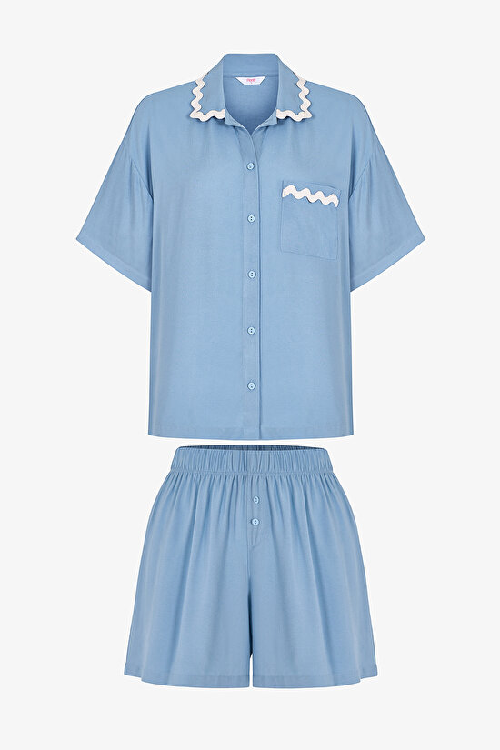 Mavi Serenity Gömlek Şortlu Pijama Takımı - 5