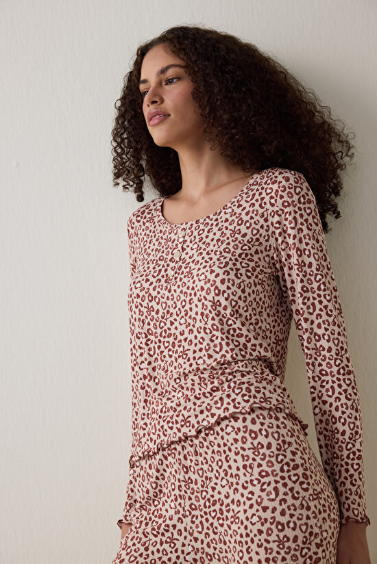 Bej Dreaming Leopar Desenli Bisiklet Yaka Uzun Kollu Pijama Üstü - 1