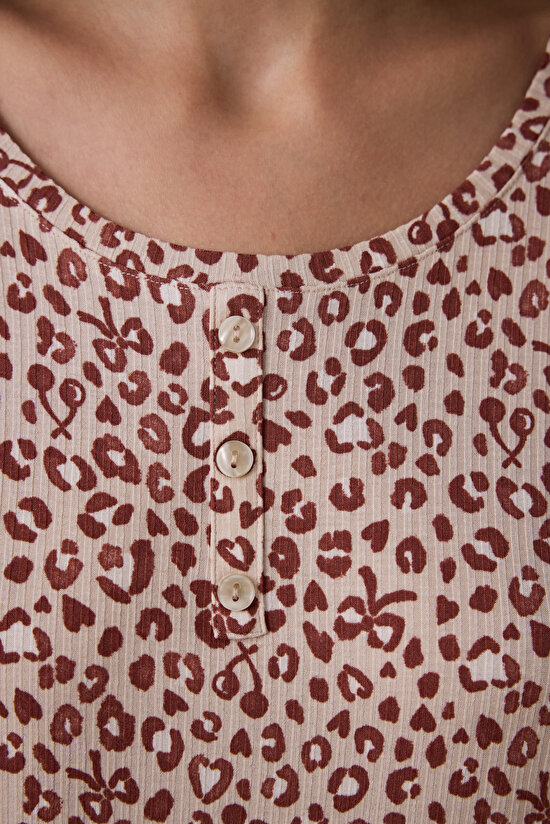 Bej Dreaming Leopar Desenli Bisiklet Yaka Uzun Kollu Pijama Üstü - 3