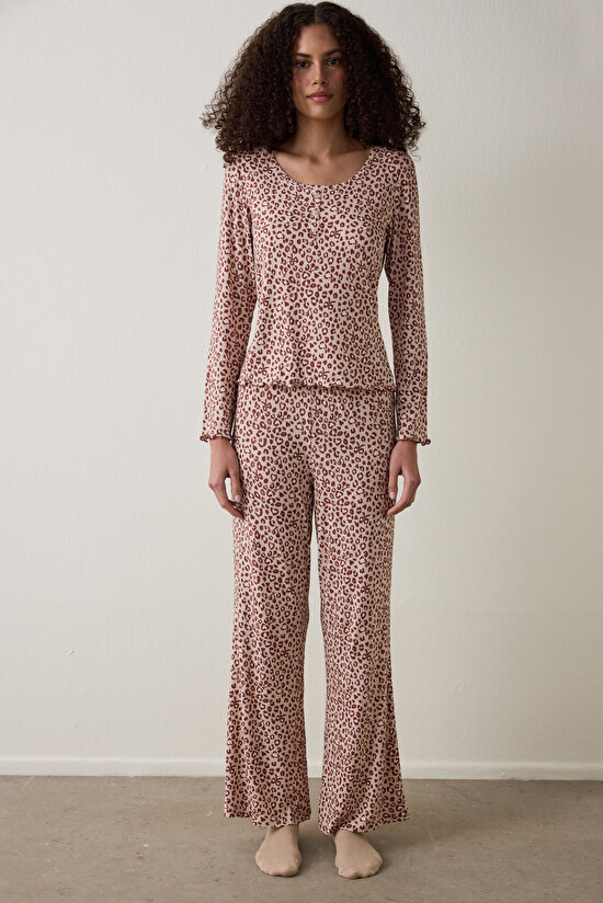 Bej Dreaming Leopar Desenli Bisiklet Yaka Uzun Kollu Pijama Üstü - 4