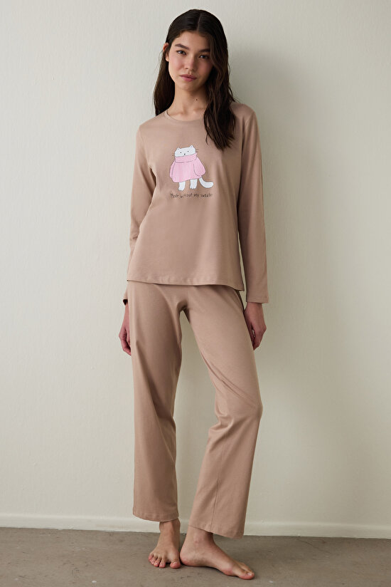 Beige ENT Crew Neck Slogan Printed Cotton Sweatshirt Pajama Set Beige ENT Crew Neck Slogan Printed Cotton Sweatshirt Pajama Set - 3