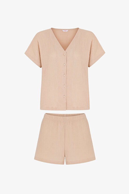 Pastel Bej Ella Muslin Kısa Kollu Şort Pijama Takımı - 1