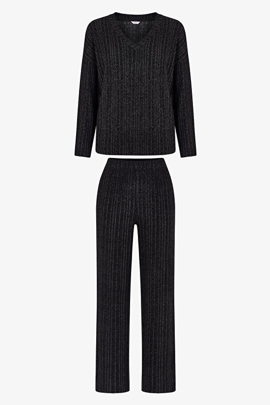 Black Cozy Night Long Sleeve Pyjama Set with Trousers - 1
