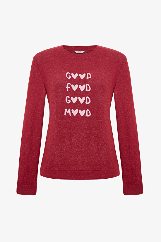 Bordo Good Mood Slogan Baskılı Bisiklet Yaka Sweatshirt Pijama Üstü - 1