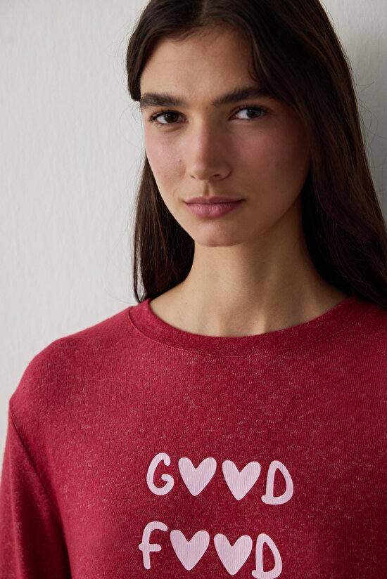 Bordo Good Mood Slogan Baskılı Bisiklet Yaka Sweatshirt Pijama Üstü - 3