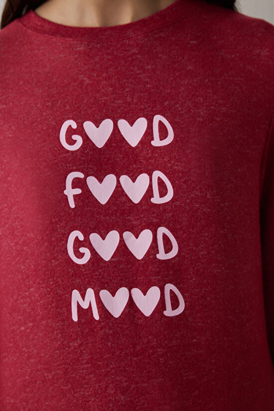 Bordo Good Mood Slogan Baskılı Bisiklet Yaka Sweatshirt Pijama Üstü - 4