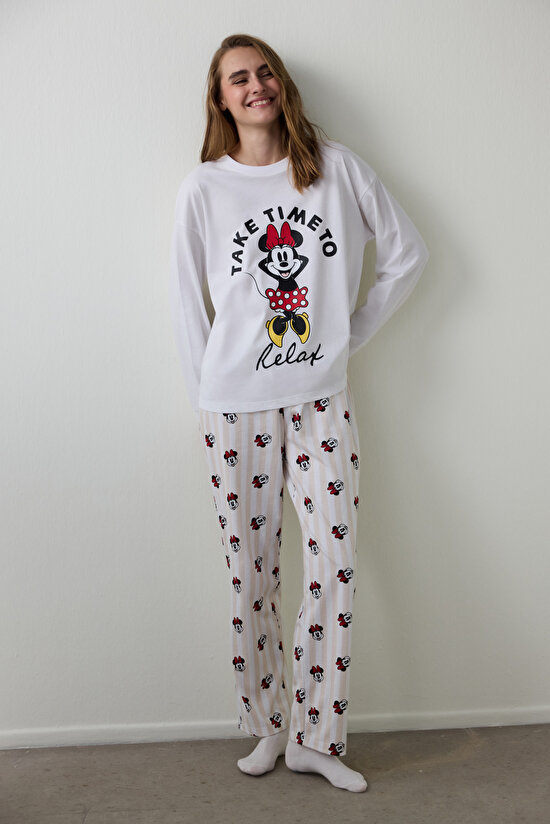 Optik Beyaz Mickey Mouse Baskılı Uzun Kollu Pijama Takımı - 1