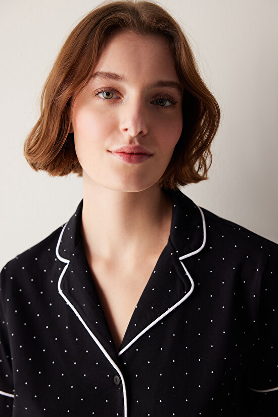 White Dotted Gömlek Pantolon Siyah Pijama Takımı - 3