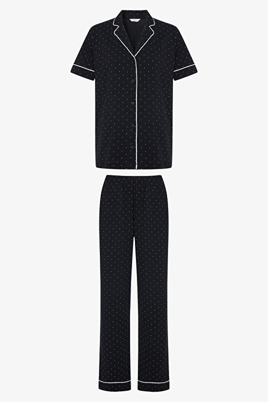 White Dotted Gömlek Pantolon Siyah Pijama Takımı - 5