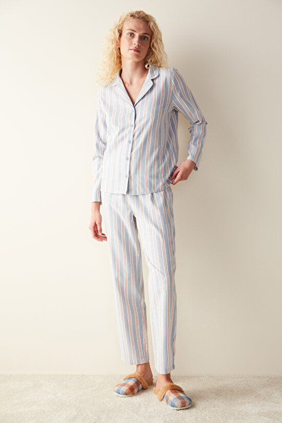 Early Night Striped Shirt Trousers Pajama Set - 1