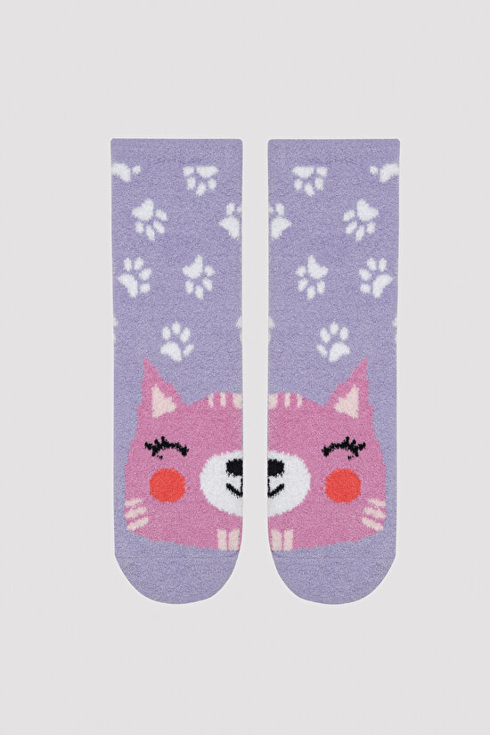 Kız Çocuk Smiling Cat Lila Soket Çorap - 1