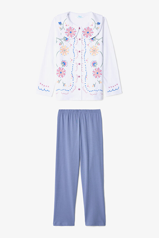 Kız Çocuk Çiçekli Nakışlı Handkerchief Pamuklu Pijama Takımı - 3