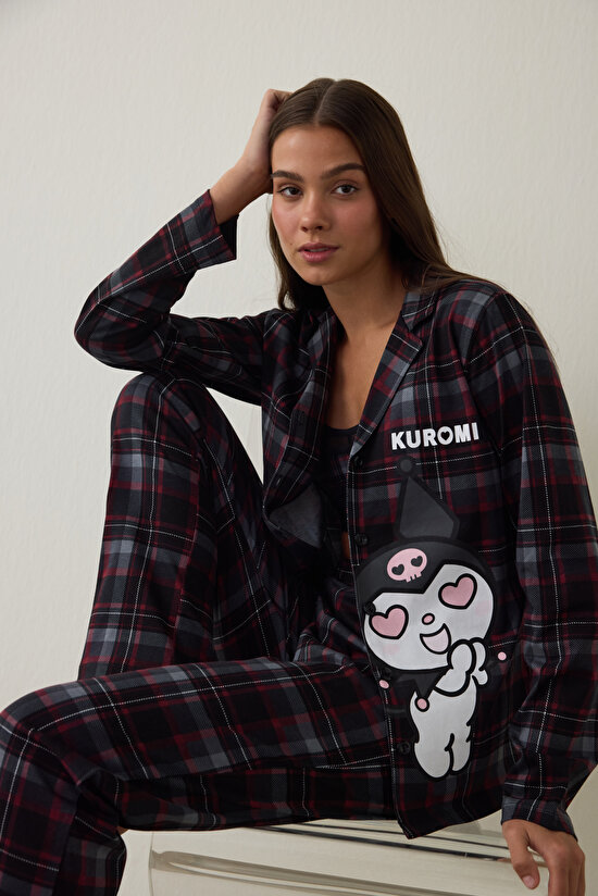 Siyah Kuromi Baskılı Kareli Oversize Pamuklu Uzun Kollu Gömlek Pijama Takımı - 1
