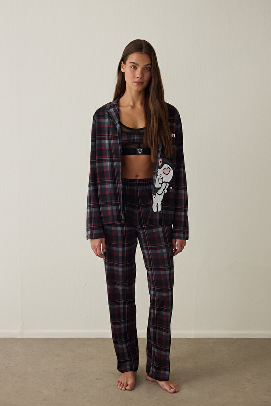 Siyah Kuromi Baskılı Kareli Oversize Pamuklu Uzun Kollu Gömlek Pijama Takımı - 2