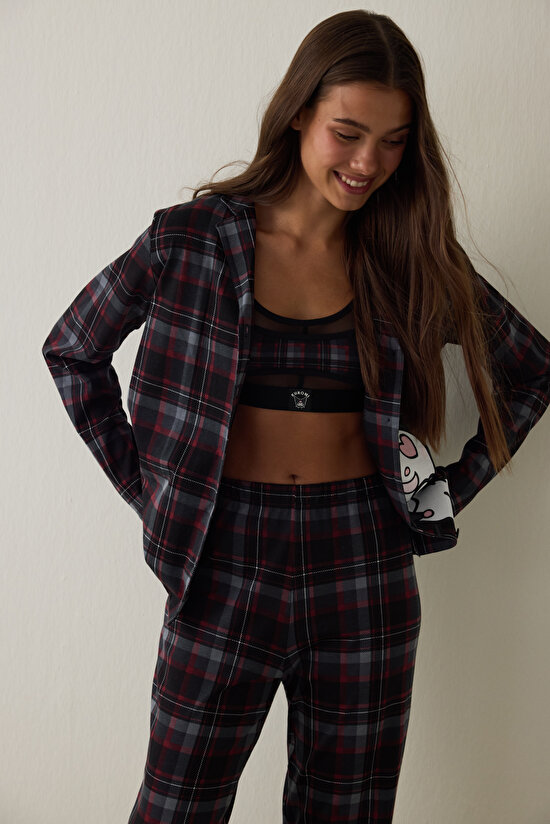 Siyah Kuromi Baskılı Kareli Oversize Pamuklu Uzun Kollu Gömlek Pijama Takımı - 3