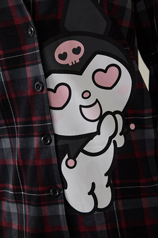 Siyah Kuromi Baskılı Kareli Oversize Pamuklu Uzun Kollu Gömlek Pijama Takımı - 4