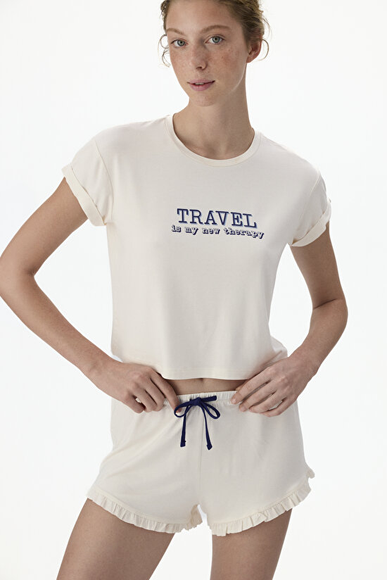 Ekru Travel Şort Pijama Takımı - 2