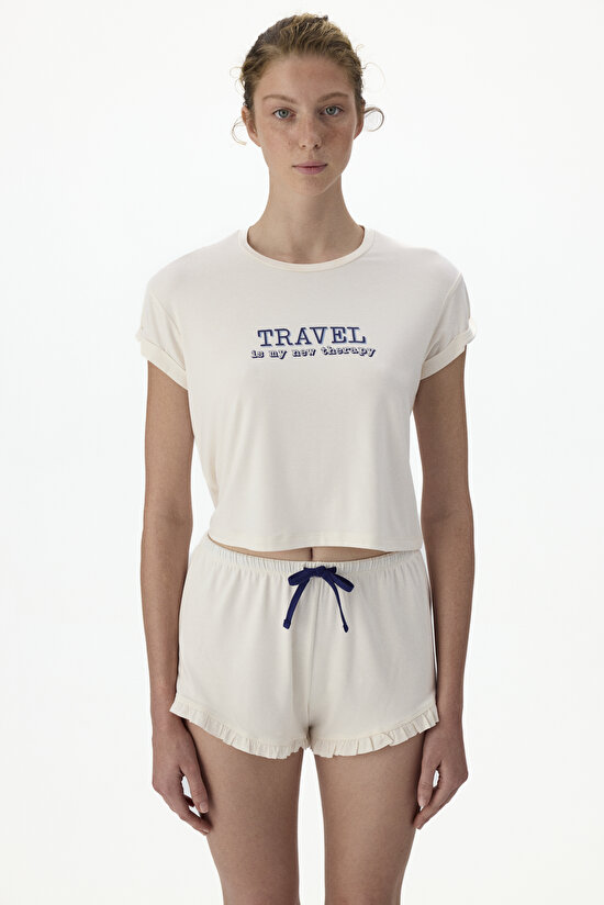 Ekru Travel Şort Pijama Takımı - 3