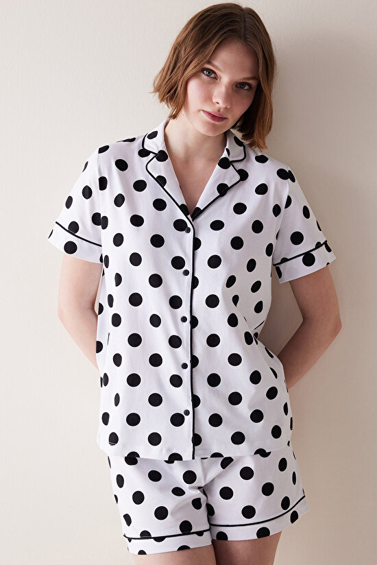 Black Dotted Beyaz Gömlek Şort Pijama Takımı - 3