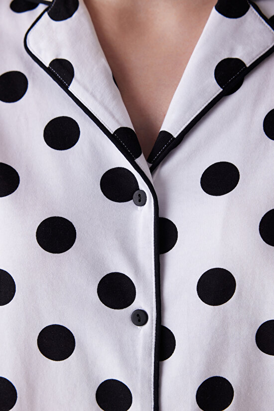 Black Dotted Beyaz Gömlek Şort Pijama Takımı - 5