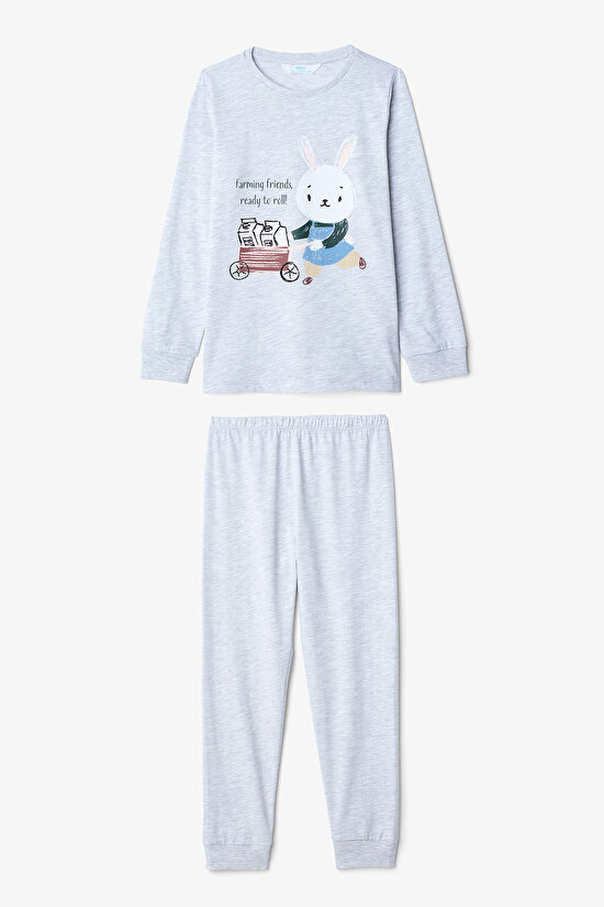 Ekru Erkek Çocuk Tavşan Desenli Uzun Kollu Pamuklu 2'li Pijama Takımı - 5