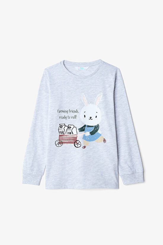 Ekru Erkek Çocuk Tavşan Desenli Uzun Kollu Pamuklu 2'li Pijama Takımı - 6